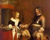 士兵给年轻女子硬币 - 杰拉德·特·博尔奇